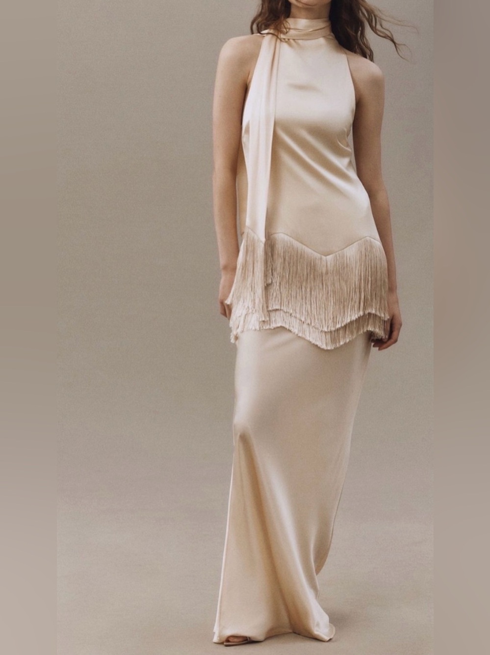 De La Vali Khamsin Halter Fringe
Silk Satin Maxi Dress